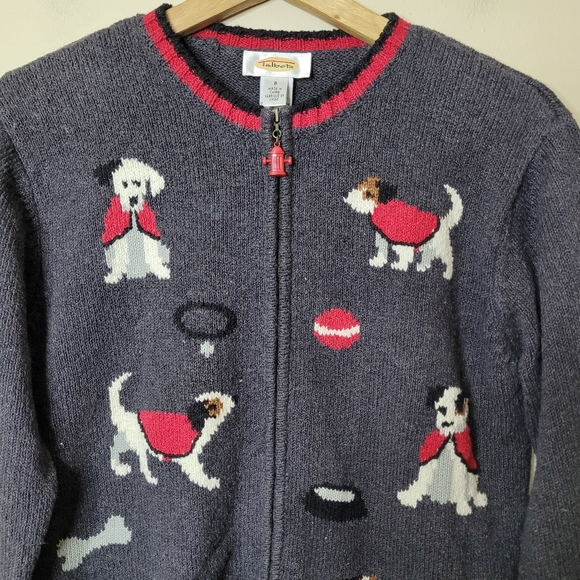 Talbots Vintage Dog Print Cardigan Sweater Full Zip Ramie Cotton Preppy Size S - Picture 3 of 11